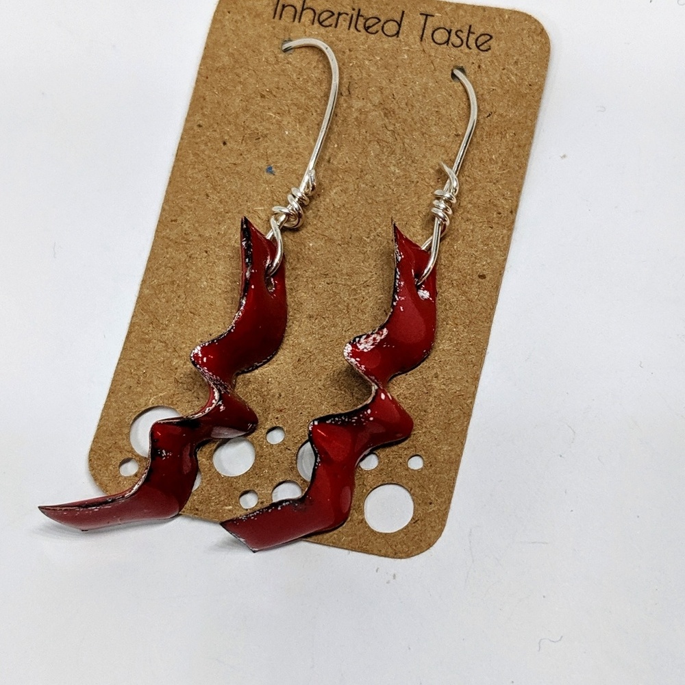 Enameled Red and White Wavy Dangle Earrings